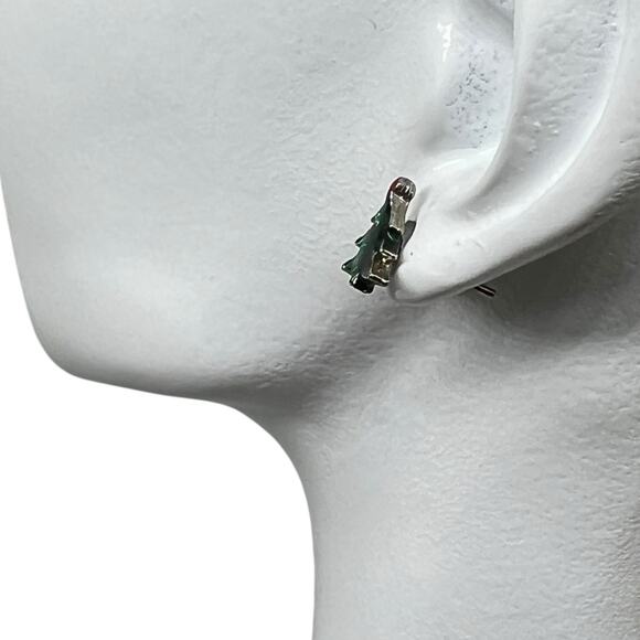 Vintage Christmas Tree Stud Earrings - Holiday Festive Silver Tone Jewelry - Picture 6 of 7